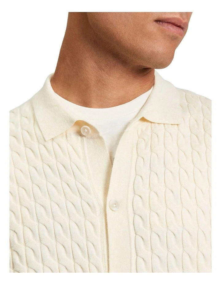 Button Through Cable Polo Shirt in Ivory image 4