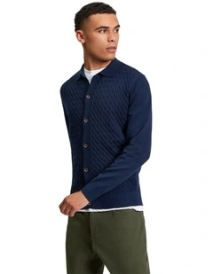 Button Through Long Sleeve Cable Polo Shirt in Dark Navy