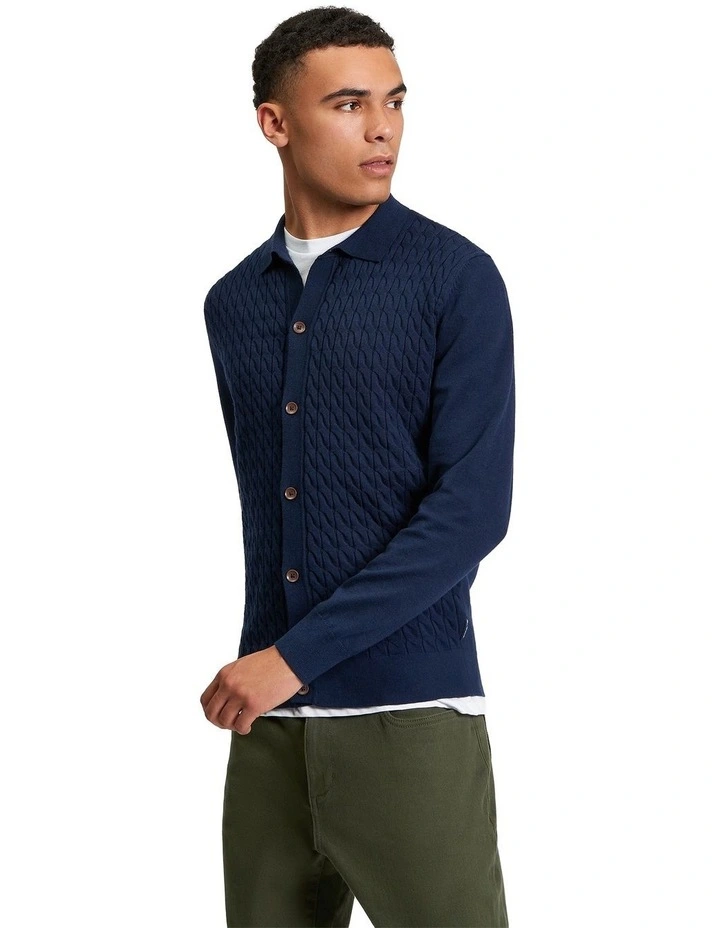 Button Through Long Sleeve Cable Polo Shirt in Dark Navy image 1