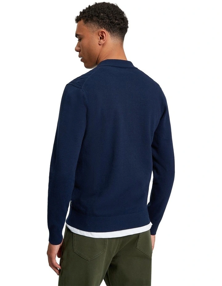Button Through Long Sleeve Cable Polo Shirt in Dark Navy image 2