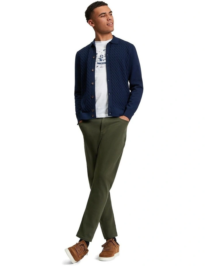 Button Through Long Sleeve Cable Polo Shirt in Dark Navy image 3