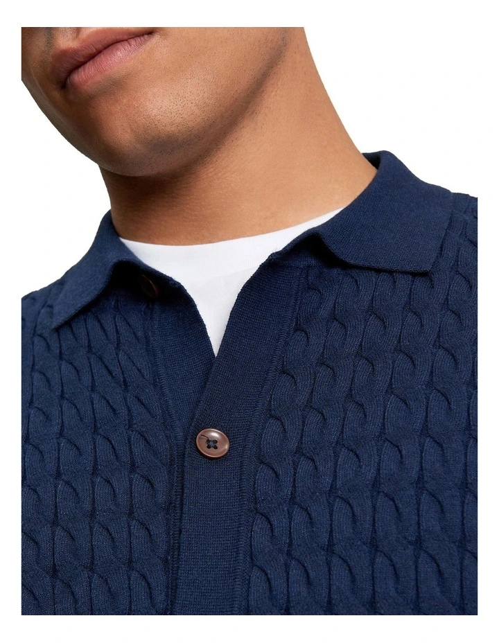 Button Through Long Sleeve Cable Polo Shirt in Dark Navy image 4