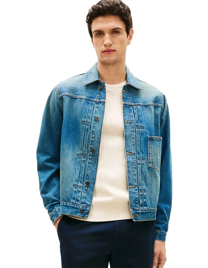 Cinch Back Denim Trucker Jacket in Blue image 1