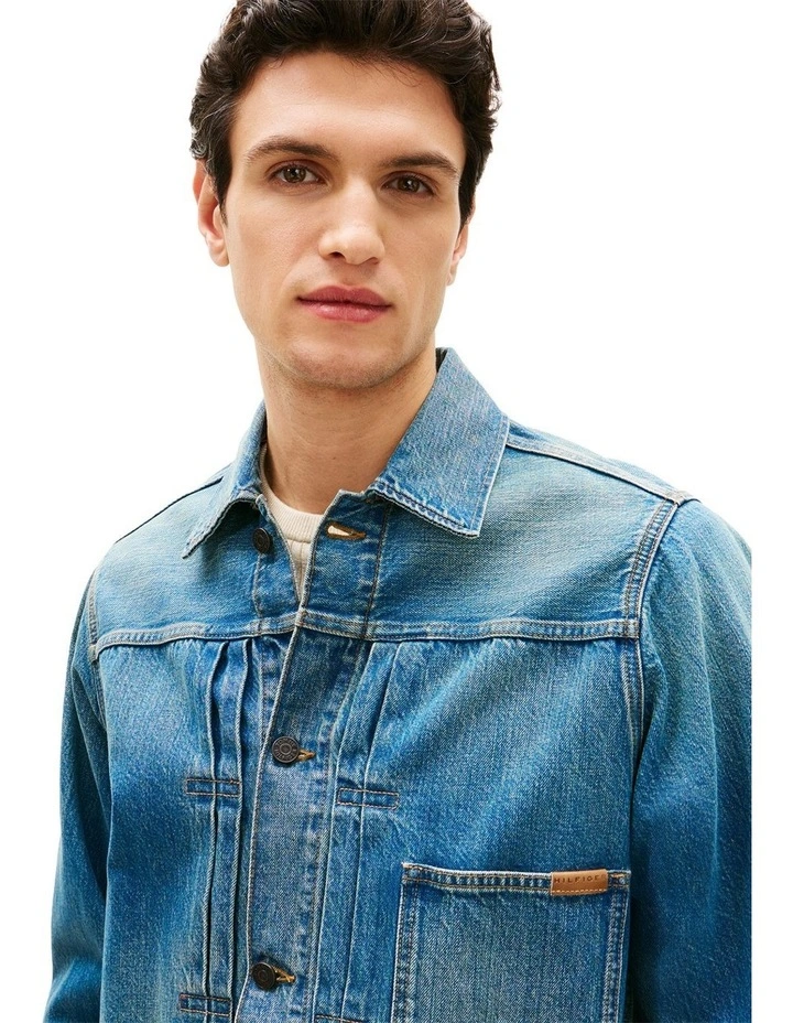 Cinch Back Denim Trucker Jacket in Blue image 2