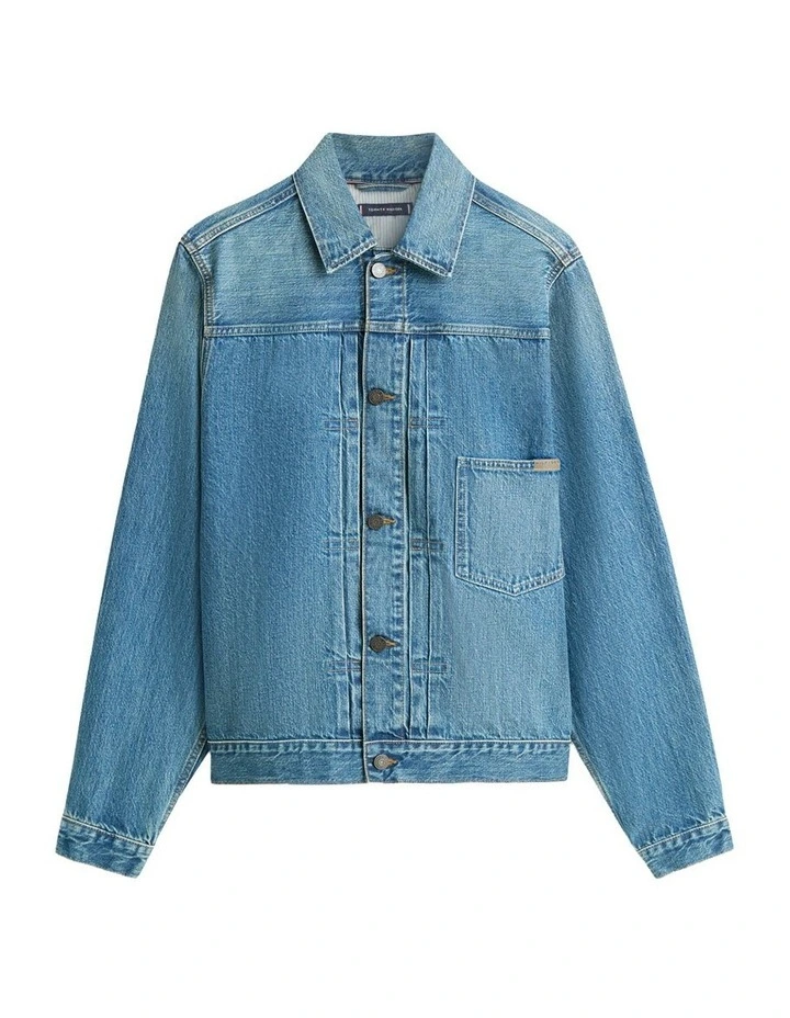 Cinch Back Denim Trucker Jacket in Blue image 5