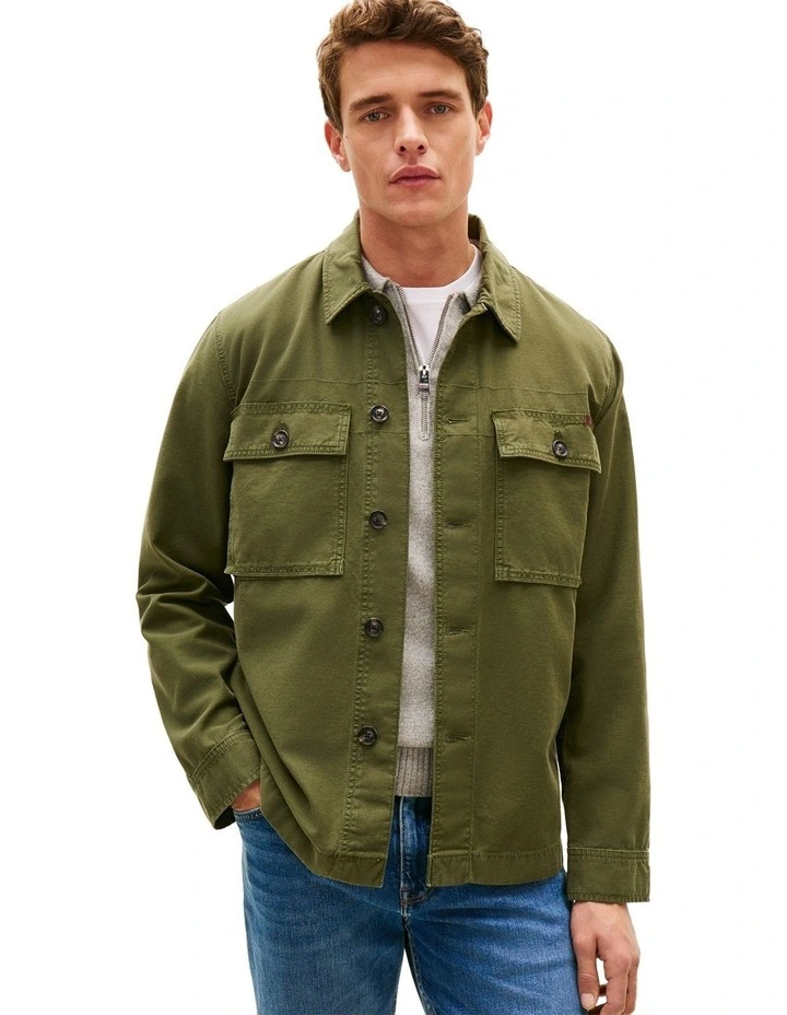 Textured Washed Sateen Utility Shirt Jacket in Green image 1