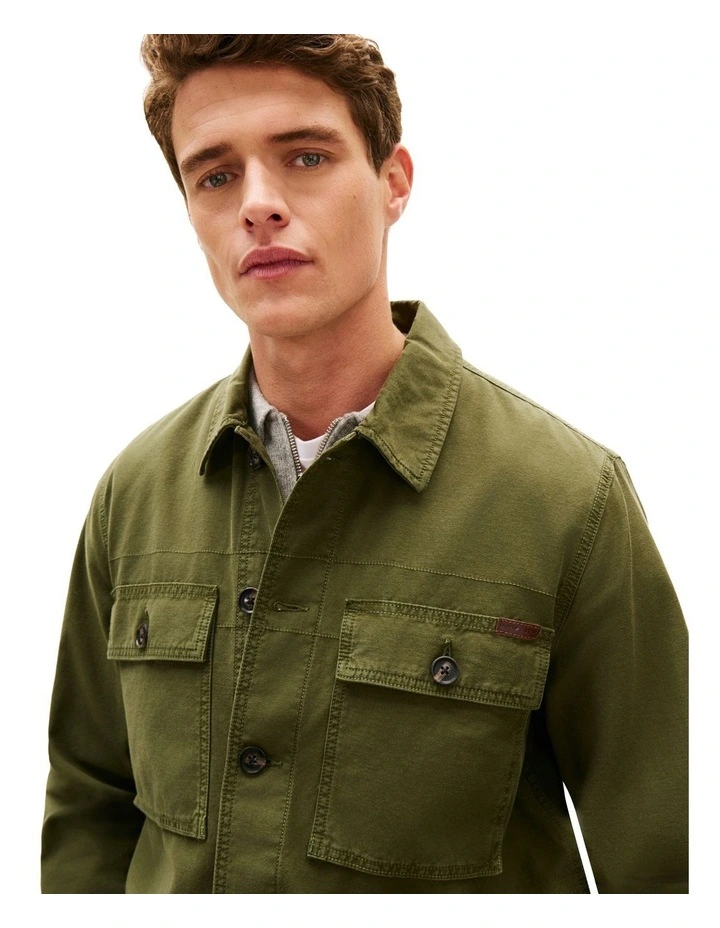 Textured Washed Sateen Utility Shirt Jacket in Green image 2