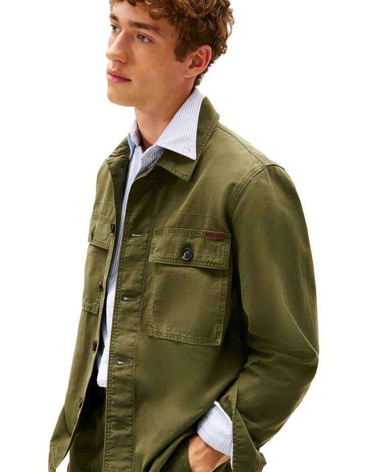 Textured Washed Sateen Utility Shirt Jacket in Green image 3