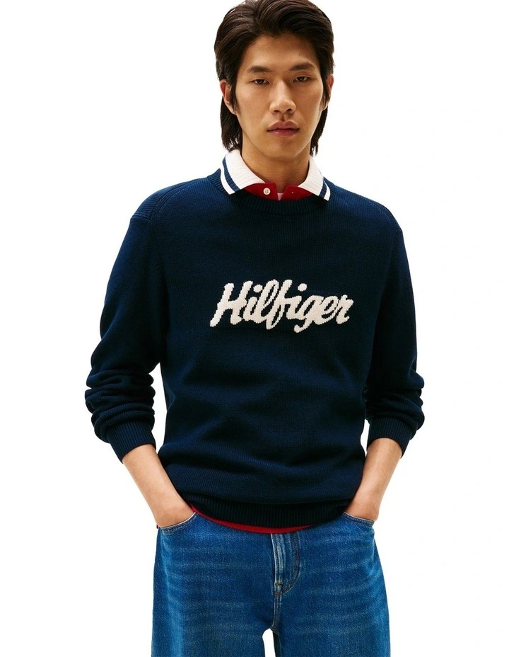 Cotton Graphic Crew Neck in Navy image 1