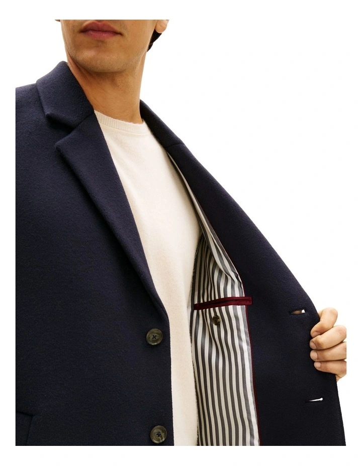 Smart Casual Wool Blend Single Breasted Coat in Navy image 3