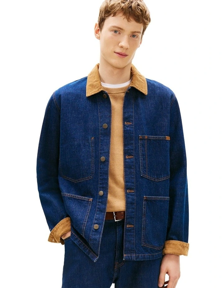 Corduroy Collar Denim Chore Jacket in Blue image 1