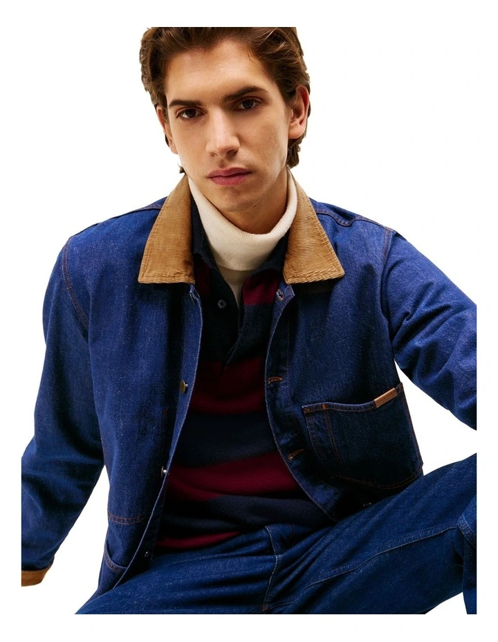 Corduroy Collar Denim Chore Jacket in Blue image 5