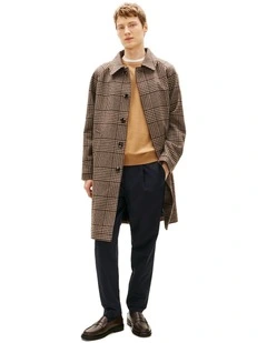 Relaxed Wool Blend Check Coat in Brown