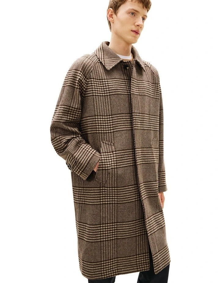 Relaxed Wool Blend Check Coat in Brown image 2