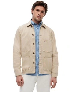 Washed Flag Embroidery Denim Chore Jacket in Beige