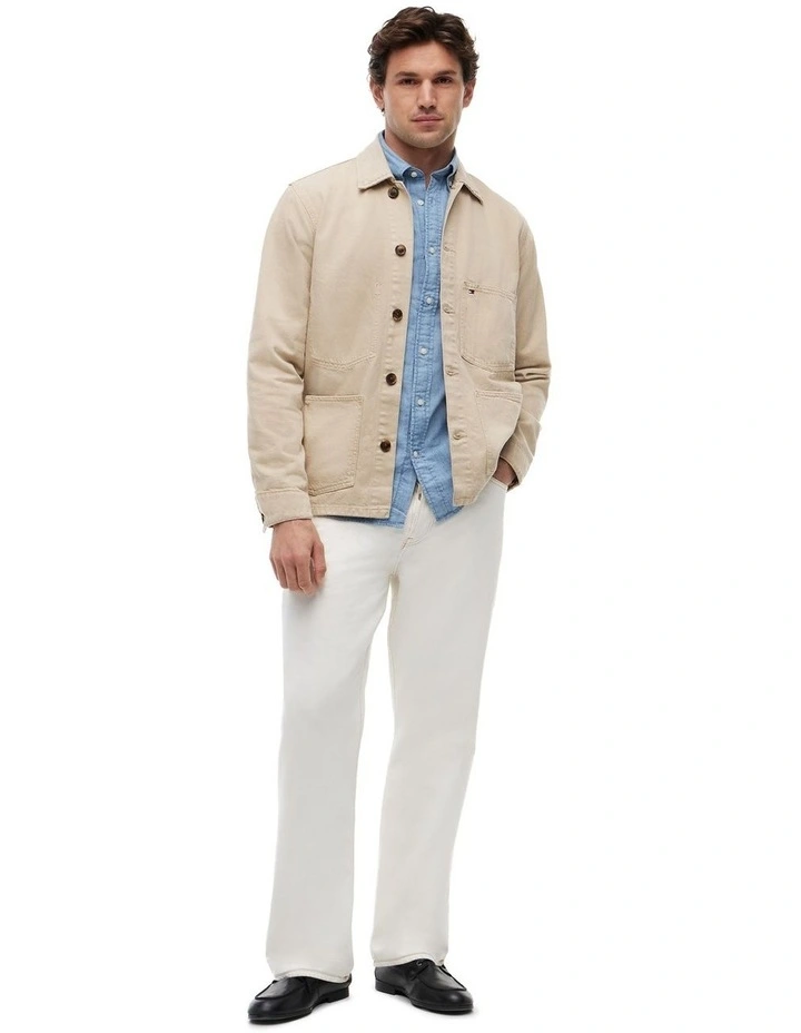 Washed Flag Embroidery Denim Chore Jacket in Beige image 4