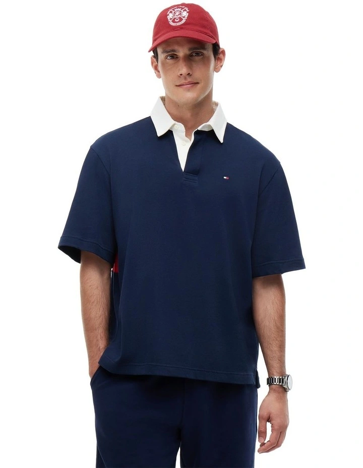 Colour-Blocked Back Logo Relaxed Polo Shirt in Navy image 2