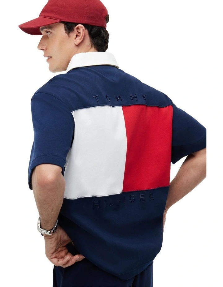 Colour-Blocked Back Logo Relaxed Polo Shirt in Navy image 3