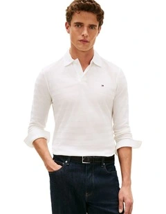 Herringbone Jacquard Long Sleeve Polo Shirt in White