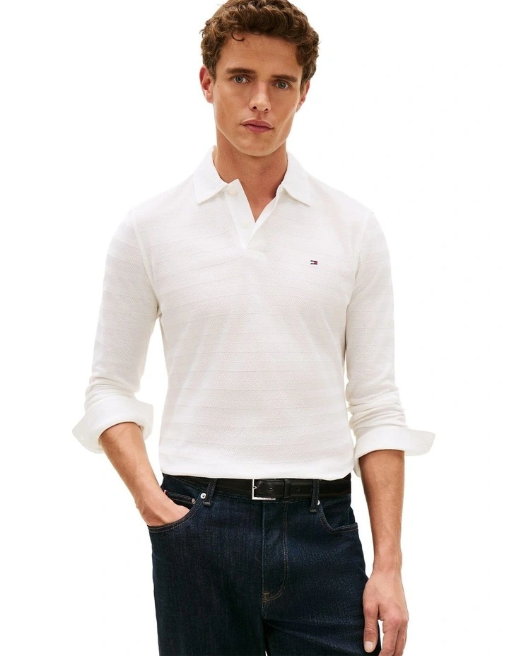 Herringbone Jacquard Long Sleeve Polo Shirt in White image 1