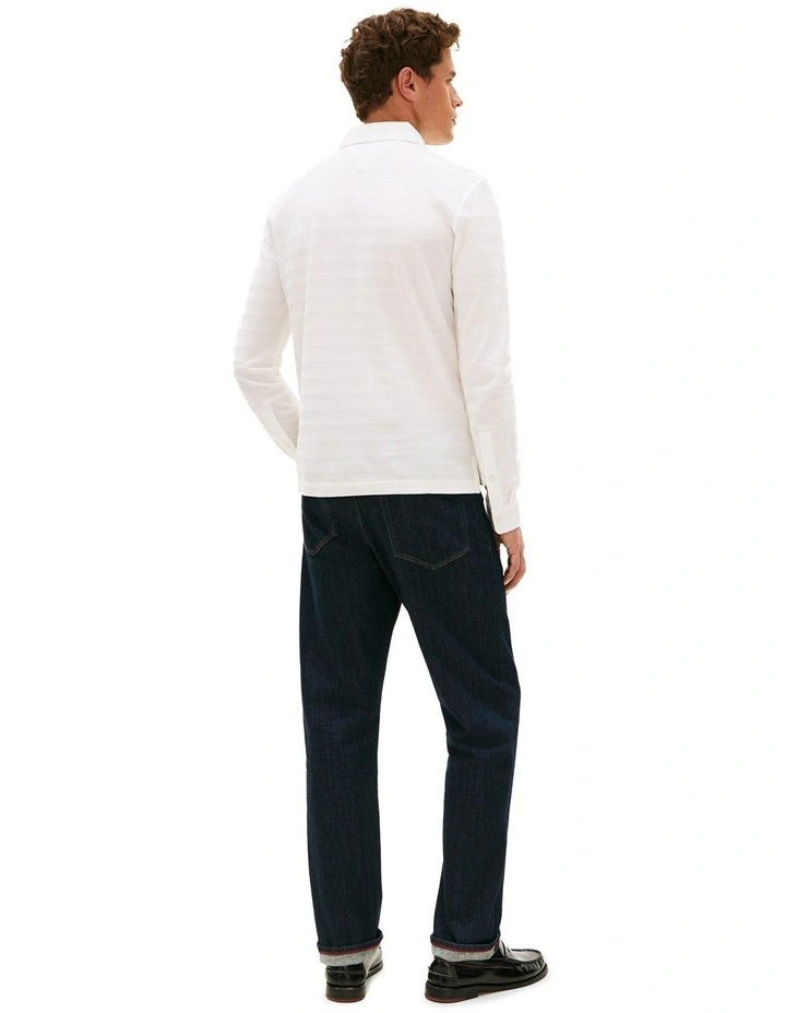 Herringbone Jacquard Long Sleeve Polo Shirt in White image 3