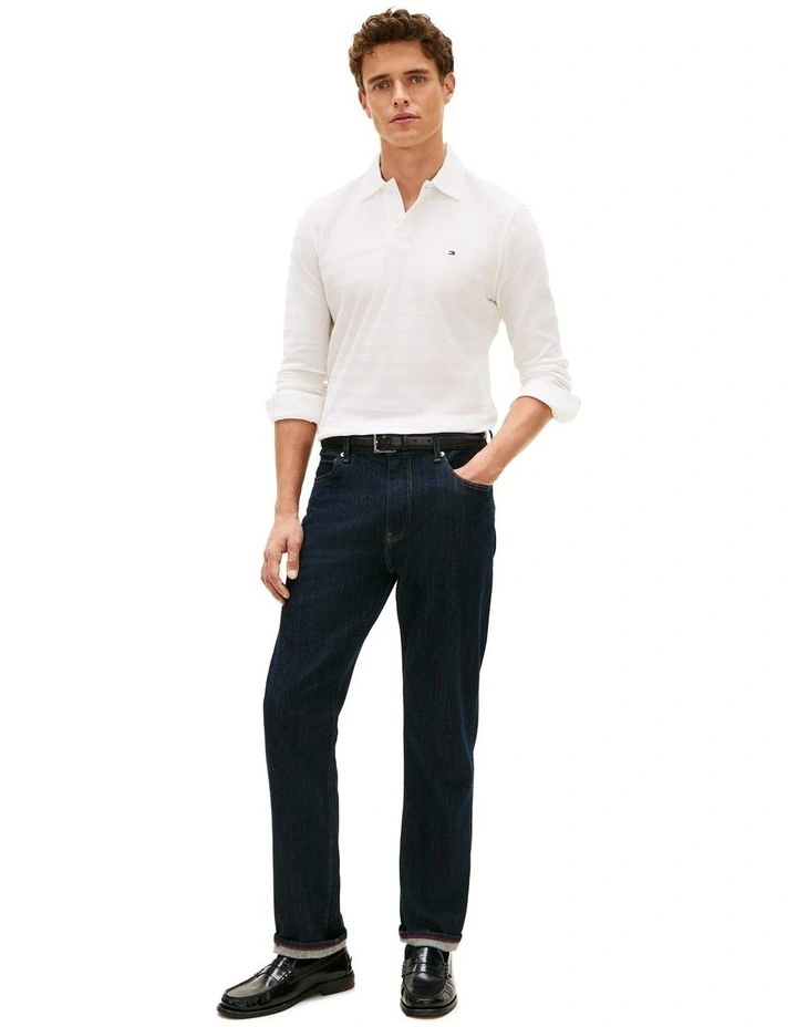 Herringbone Jacquard Long Sleeve Polo Shirt in White image 4