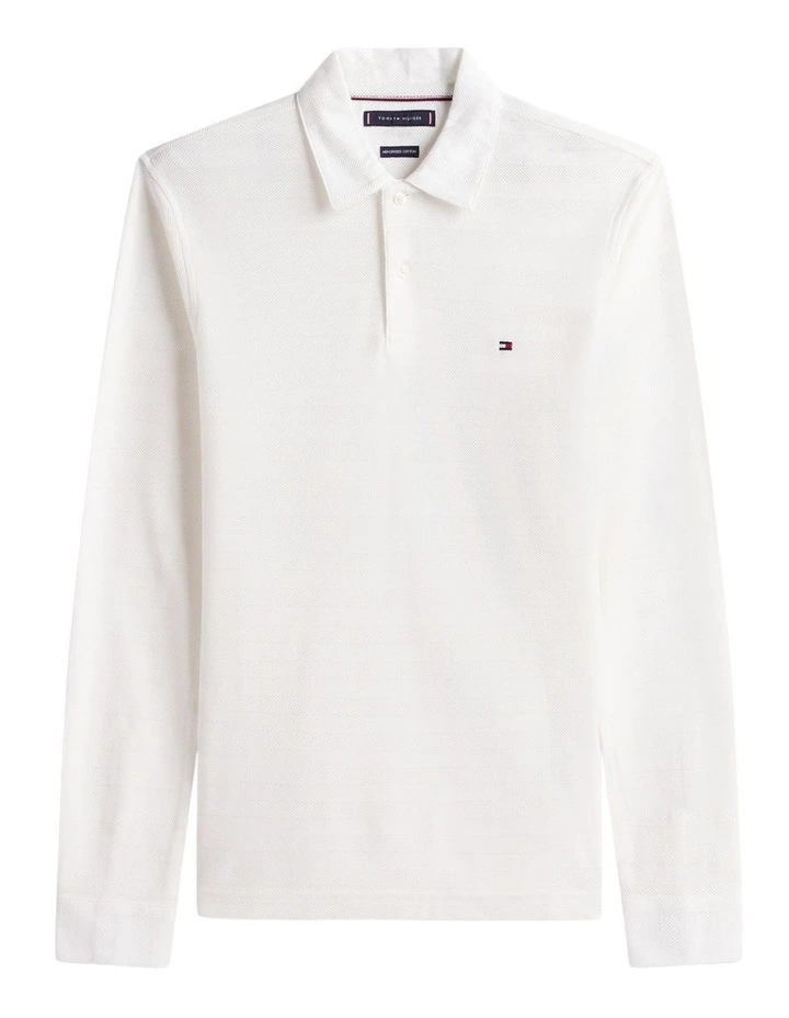 Herringbone Jacquard Long Sleeve Polo Shirt in White image 5