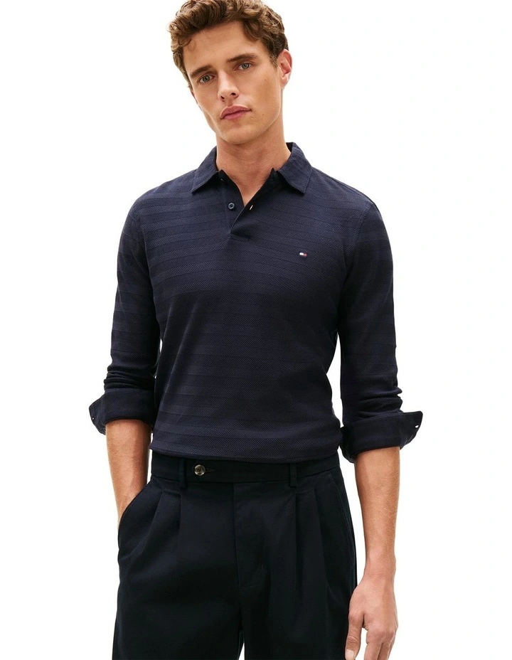Herringbone Jacquard Long Sleeve Polo Shirt in Navy image 1