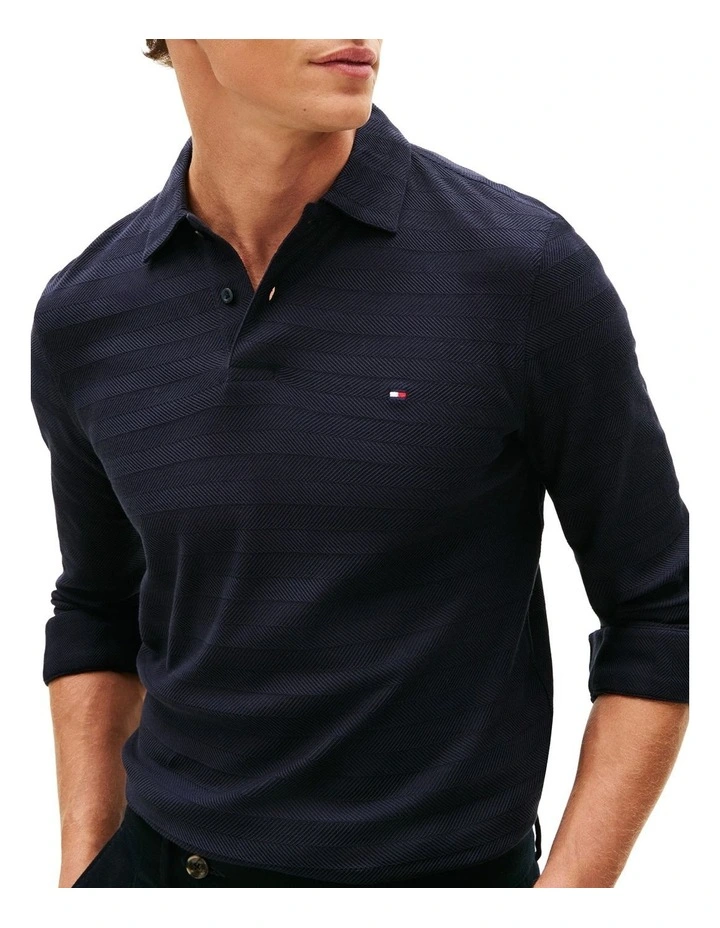 Herringbone Jacquard Long Sleeve Polo Shirt in Navy image 2
