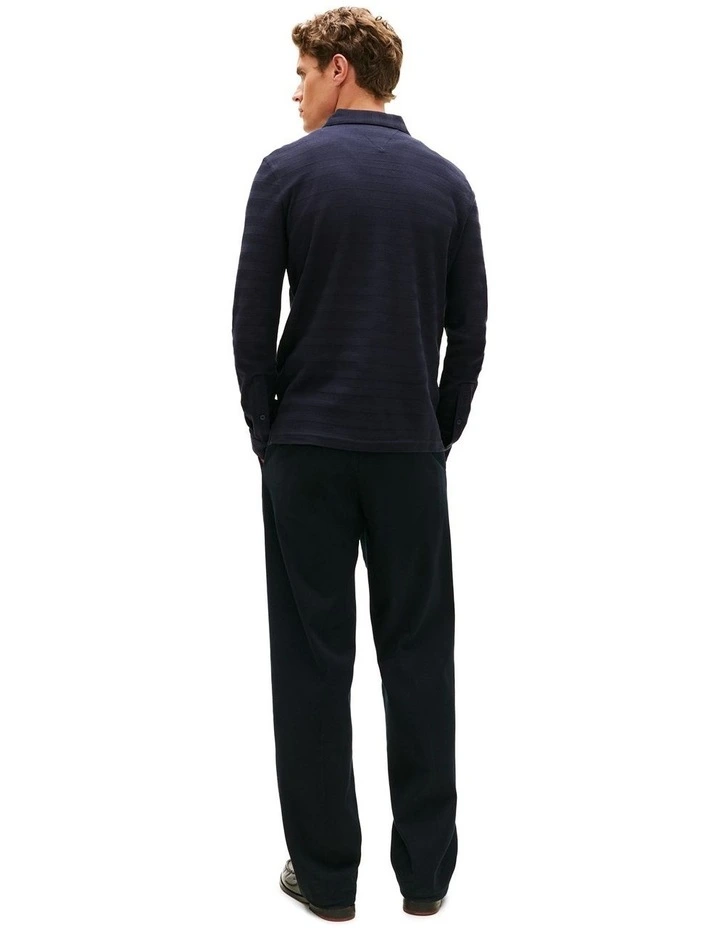 Herringbone Jacquard Long Sleeve Polo Shirt in Navy image 3