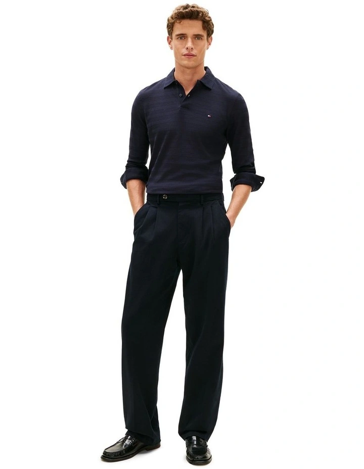 Herringbone Jacquard Long Sleeve Polo Shirt in Navy image 4