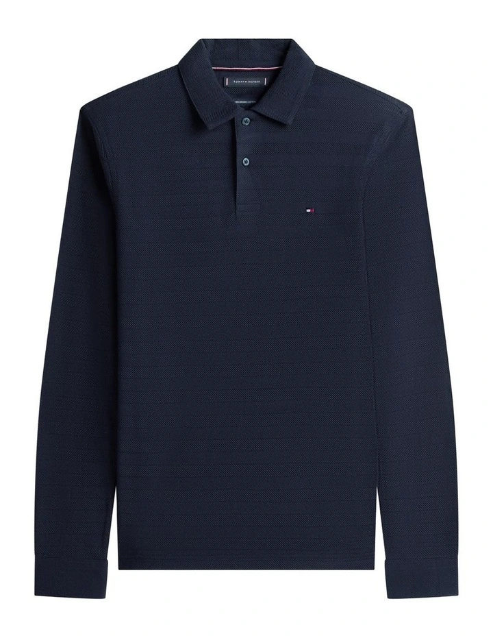 Herringbone Jacquard Long Sleeve Polo Shirt in Navy image 5