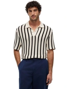 Relaxed Fit Open Knit Polo Shirt in Black