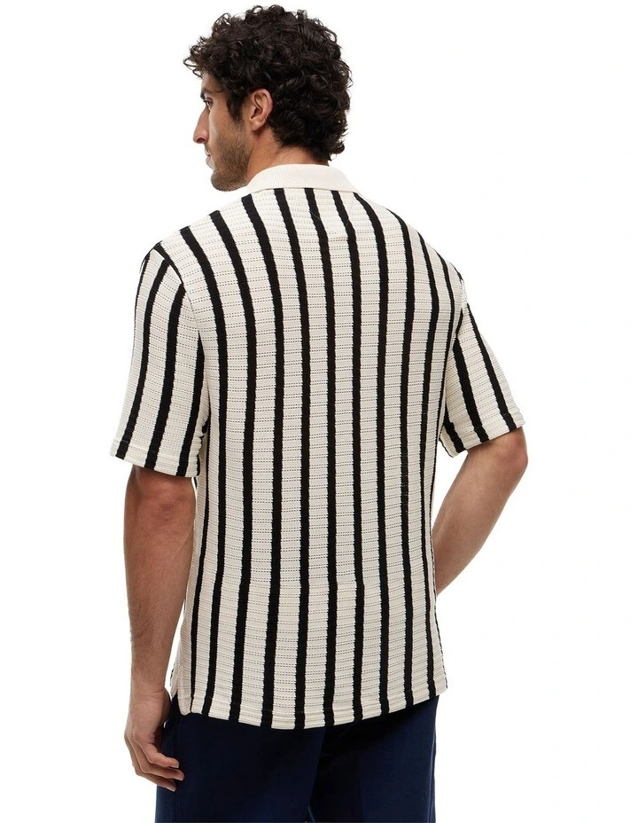 Relaxed Fit Open Knit Polo Shirt in Black image 2