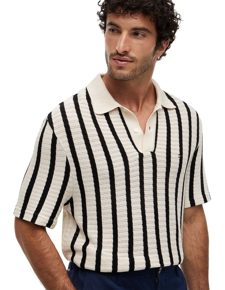 Relaxed Fit Open Knit Polo Shirt in Black image 3