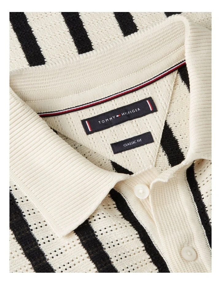 Relaxed Fit Open Knit Polo Shirt in Black image 5