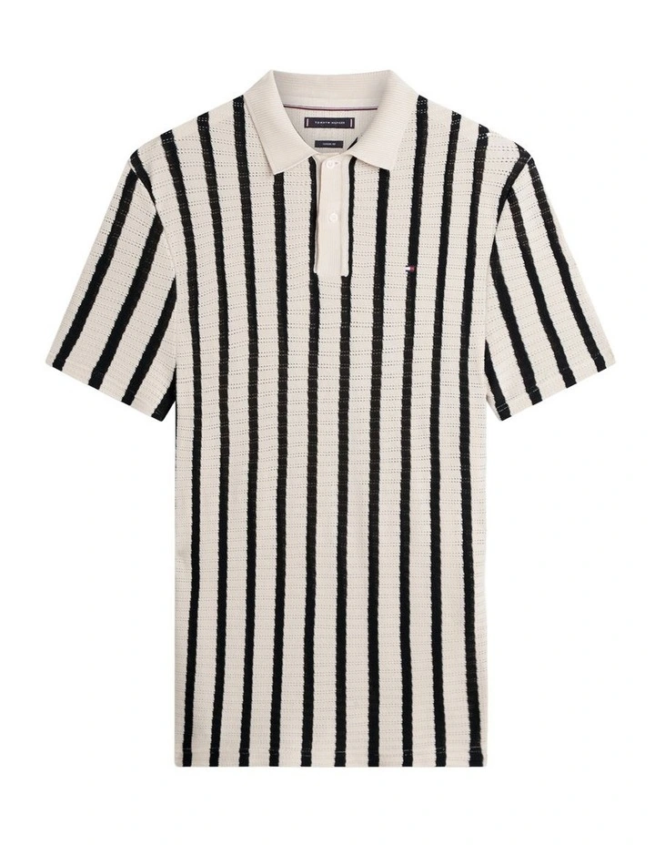 Relaxed Fit Open Knit Polo Shirt in Black image 6