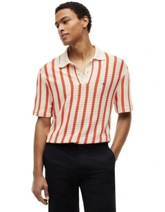 Relaxed Fit Open Knit Polo Shirt in Orange