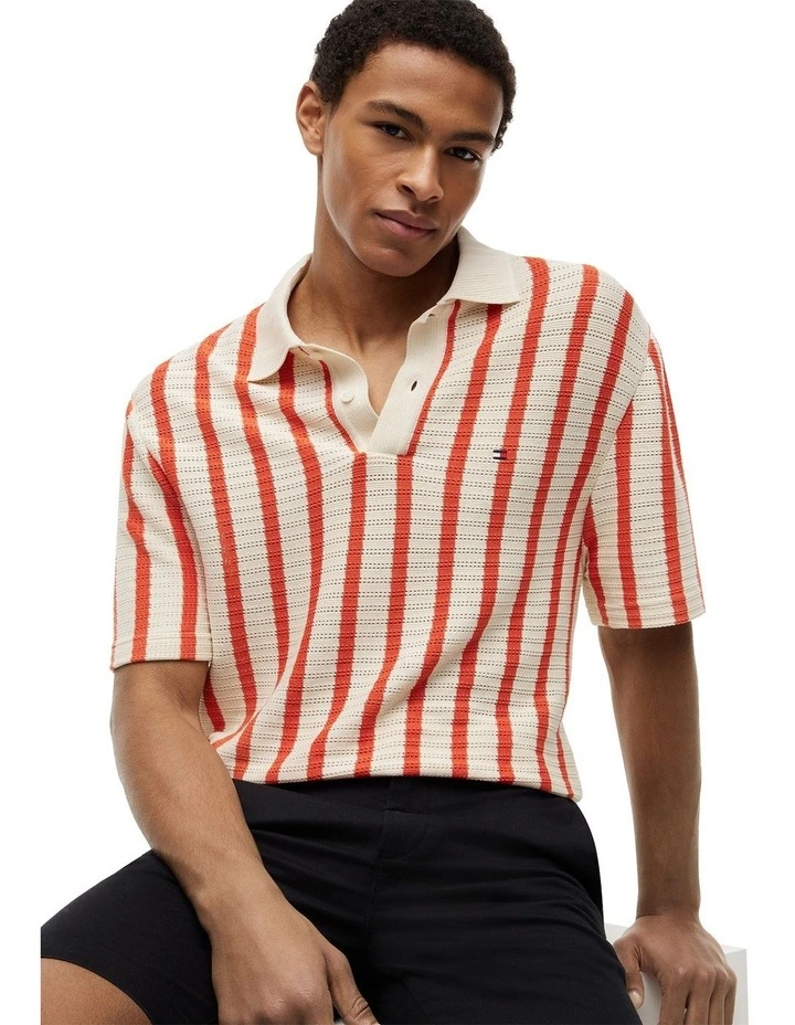 Relaxed Fit Open Knit Polo Shirt in Orange image 3