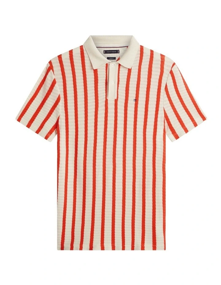 Relaxed Fit Open Knit Polo Shirt in Orange image 6