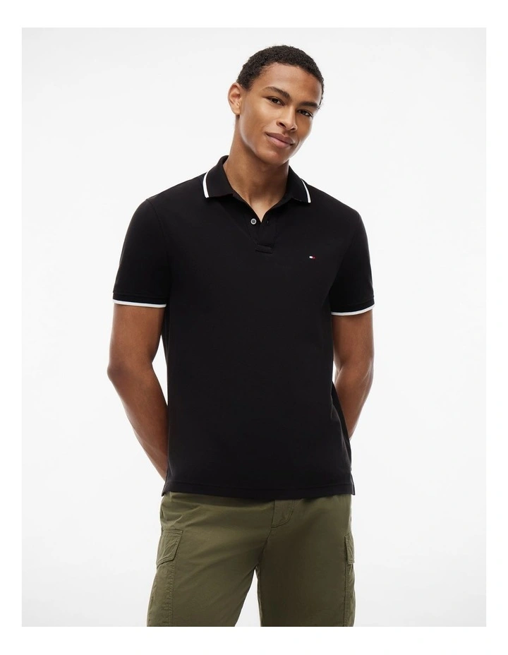 Regular Fit Tipped Pique Polo Shirt in Black image 2