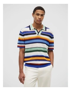Relaxed Fit Multicolour Stripe Polo Shirt in Blue