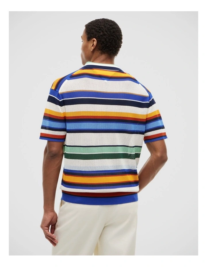Relaxed Fit Multicolour Stripe Polo Shirt in Blue image 2