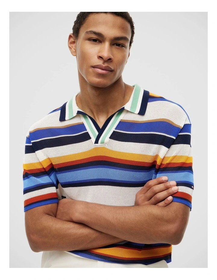 Relaxed Fit Multicolour Stripe Polo Shirt in Blue image 4