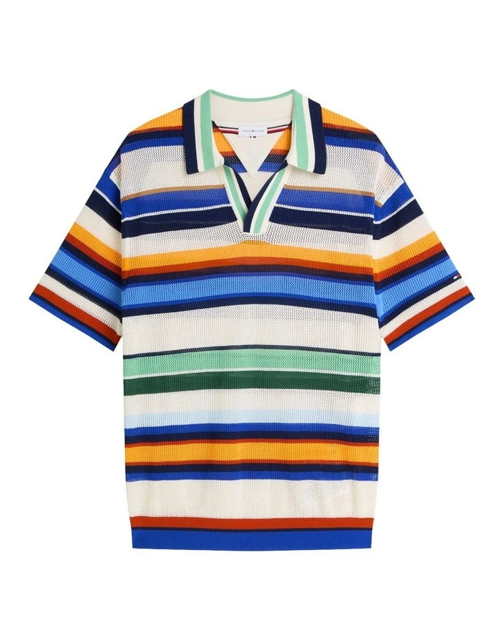Relaxed Fit Multicolour Stripe Polo Shirt in Blue image 6