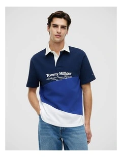 Relaxed Fit Back Logo Colour-Blocked Polo Shirt in Navy
