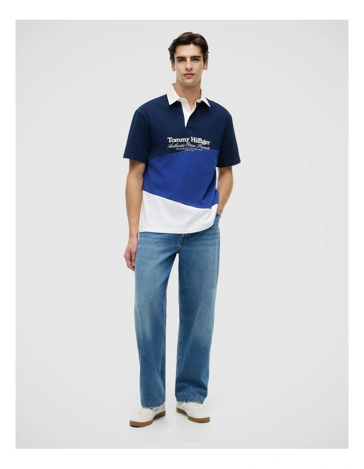 Relaxed Fit Back Logo Colour-Blocked Polo Shirt in Navy image 3