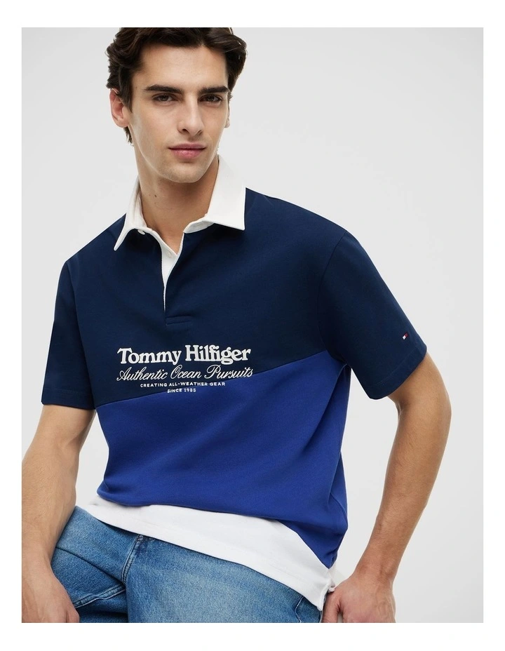 Relaxed Fit Back Logo Colour-Blocked Polo Shirt in Navy image 4