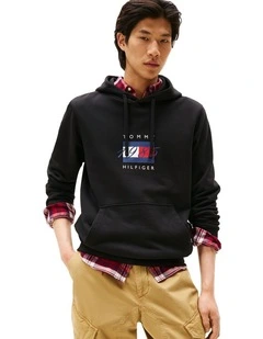 Flag Graphic Drawstring Hoody in Black