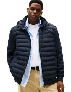 Mix Media Hooded Zip Through Jacket in Navy